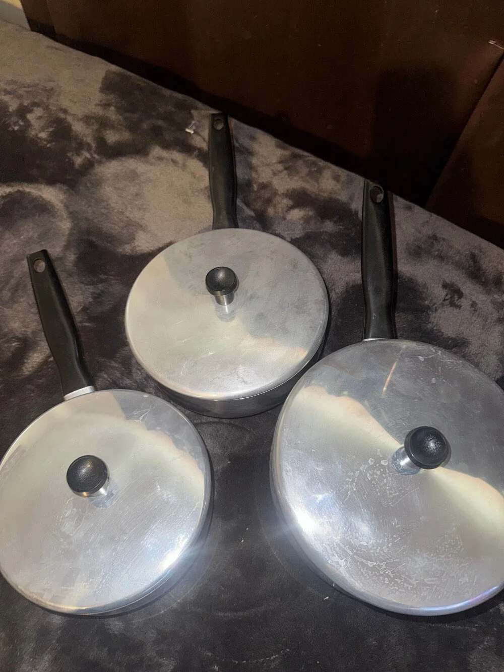 Vintage WearEver 3 Piece Aluminum Saucepan Set Black Handles with Lids